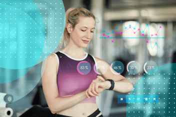 An image of a woman wearing a digital watch to the gym to gain insights and provide data for a clinical trial.