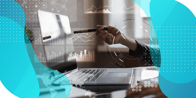 A hand points at a laptop screen displaying various graphs and data visualizations, representing the use of analytics to assess clinical endpoint data consistency.