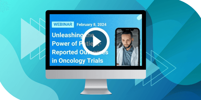 Computer screen displaying the webinar video titled 'Unleashing the Power of Patient Reported Outcomes in Oncology Trials'