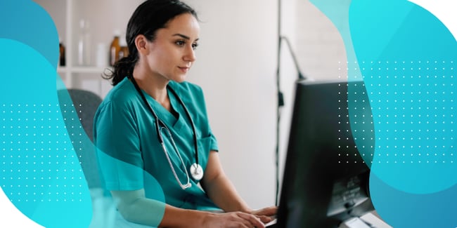 clinician reviewing clinical trial data at a computer