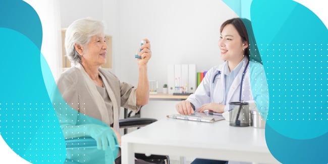 A patient holding an inhaler while sitting next to a doctor, highlighting the importance of early intervention and monitoring in managing COPD, supported by eCOA solutions like exacerbation diaries for improved patient outcomes.