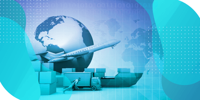 Illustration of a global supply chain with an airplane, shipping containers, and a forklift, representing the integrated approaches for optimized trial conduct in RTSM.