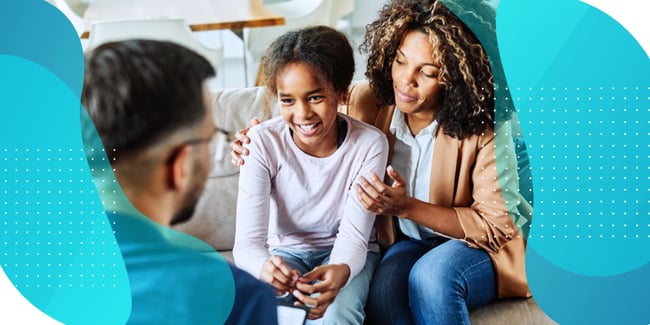 parent and child participating in a clinical outcome assessment specifically a clinician-reported outcome assessment (ClinRO) to demonstrate that interviews are part of the assessment process for depression assessment in clinical trials involving pediatric patients