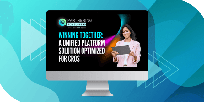 A computer monitor displaying a webinar titled 'Winning Together: A Unified Platform Solution Optimized for CROs'