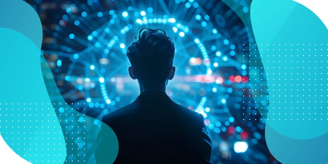 A silhouette of a person observing a futuristic digital interface.