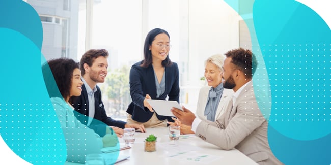 A group of professionals engaging in conversation within a inclusive clinical trial environment.