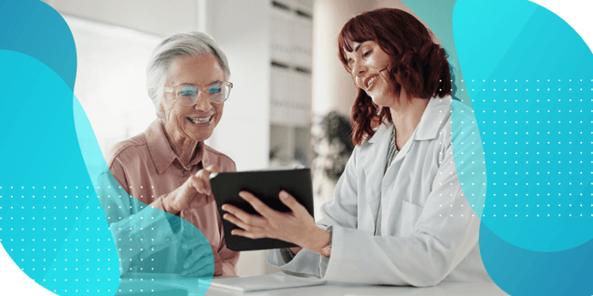 A doctor showing a patient a tablet, discussing central rating in clinical trials.