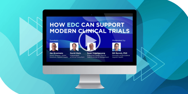 Computer screen displaying the webinar video titled 'How EDC Can Support Modern Clinical Trials '